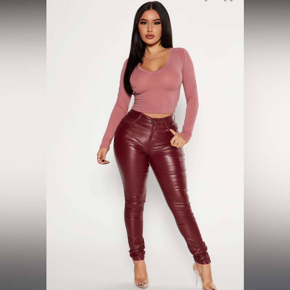 Fashion Nova 'Double Dare' Faux Leather Pants in Burgundy Size S